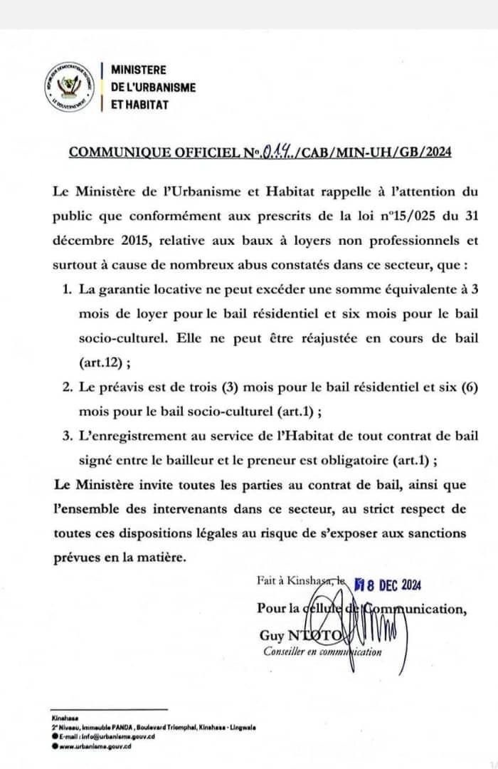 SOCIETE | le ministère de l’urbanisme et habitat appelle la population congolaise au respect de la Loi sur les baux à loyers.