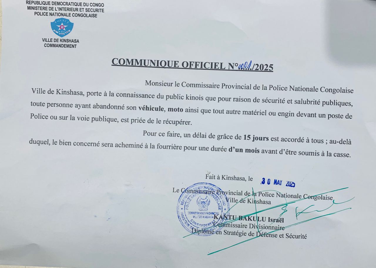 SÉCURITÉ | Kinshasa : la Police donne 15 jours pour retirer les véhicules abandonnés