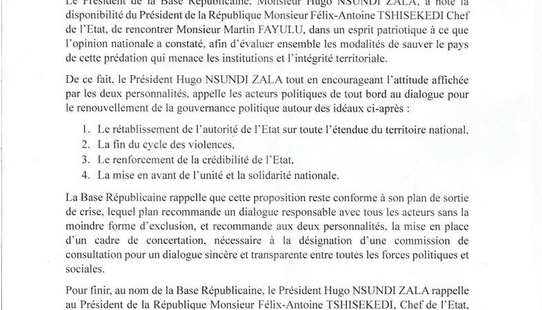 POLITIQUE | Dialogue politique en RDC : la Base Républicaine appelle à un renouvellement de la gouvernance
