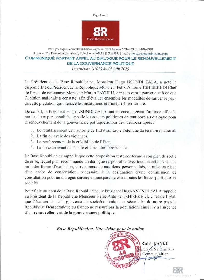 POLITIQUE | Dialogue politique en RDC : la Base Républicaine appelle à un renouvellement de la gouvernance