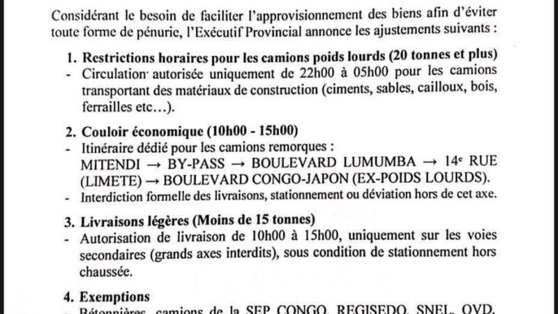 TRANSPORT | Kinshasa : l’exécutif provincial allège les restrictions de circulation pour les poids lourds
