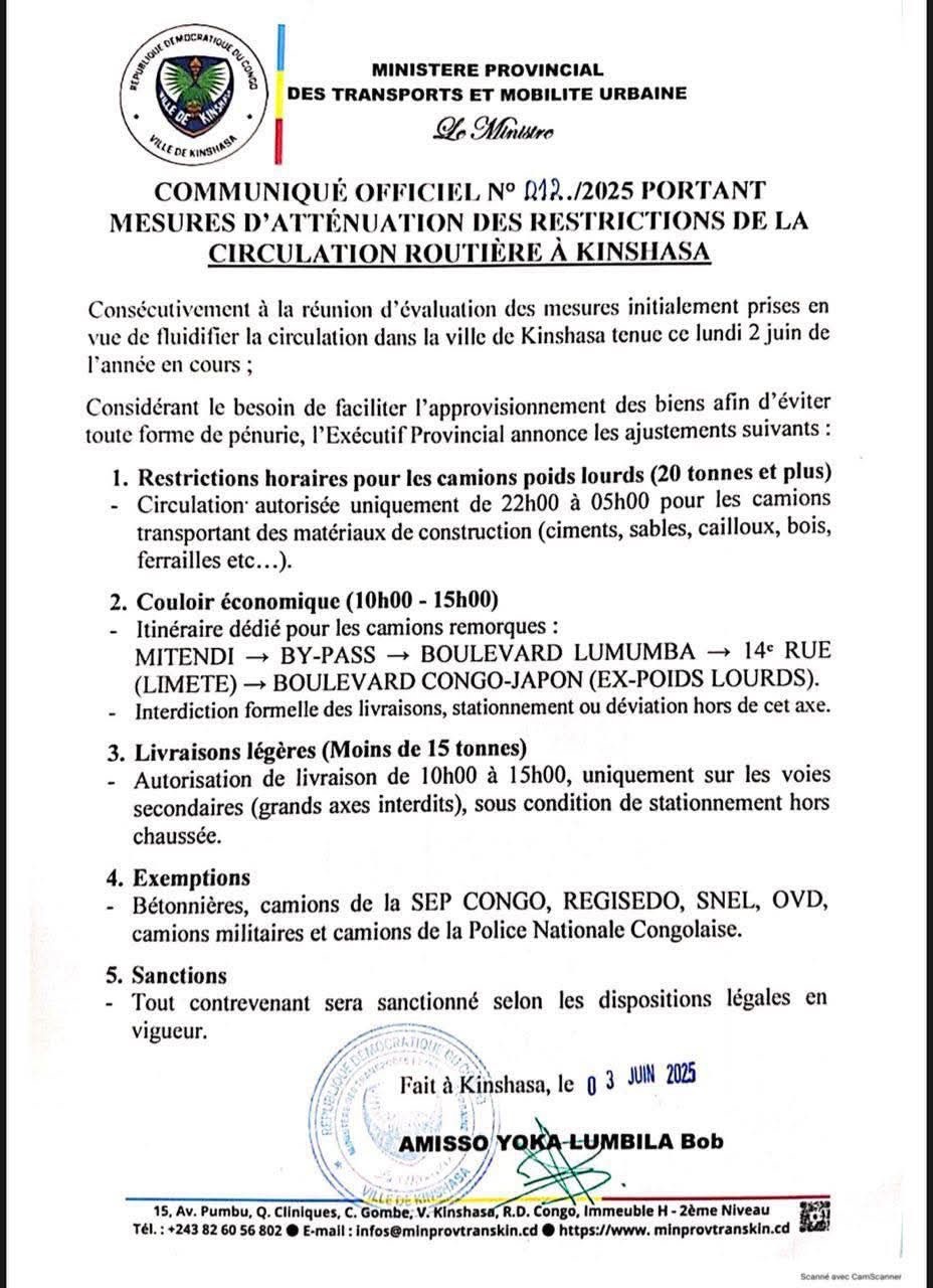 TRANSPORT | Kinshasa : l’exécutif provincial allège les restrictions de circulation pour les poids lourds
