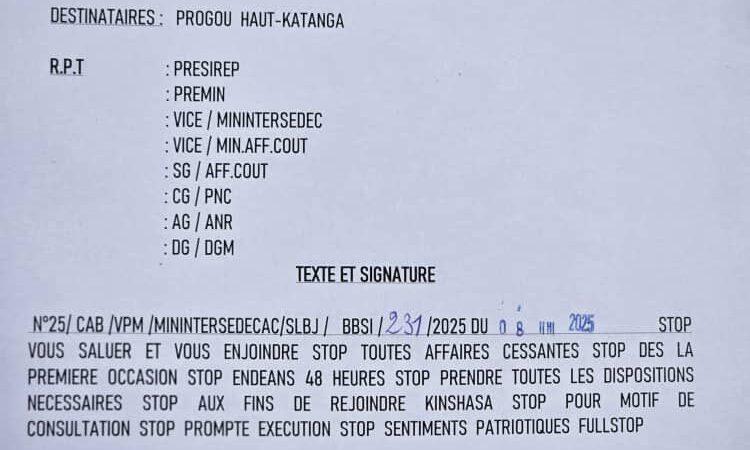 POLITIQUE | Le Gouverneur du Haut-Katanga convoqué à Kinshasa après des propos controversés